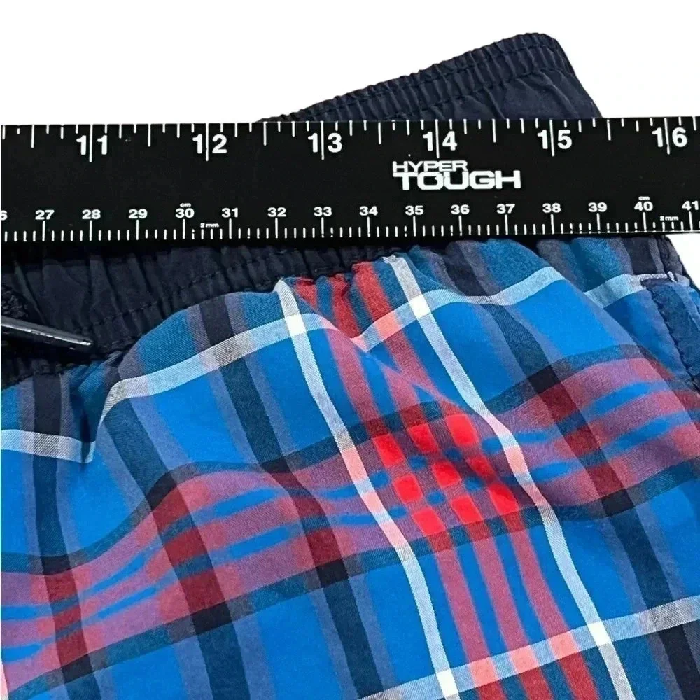 🍀 2/$22 Tommy Hilfiger 7” Mens Blue Red Plaid Swim Trunks size large